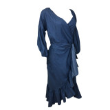 Ruffles Lantern Sleeve V-neck Denim Midi Dress FYWF-DF0617