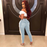 Plus Size Fashion Holes Tassel Tight Jeans ONY-3658