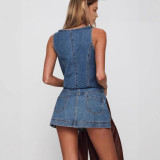 Sleeveless Tie Up Tank Top Skirts Denim Suit GMWF-666888