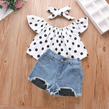 Kids Girl Polka Dots Print Tops Denim Shorts Suit YKTZ-2090