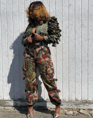Camouflage Print Ruffles Two Piece Pants Set FYWF-DF0721