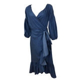 Ruffles Lantern Sleeve V-neck Denim Midi Dress FYWF-DF0617
