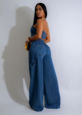 Fashion Denim Wrap Chest Wide Leg Pans Suit FYWF-YW0869