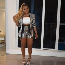 Plus Size Sequin Long Sleeve Two Piece Shorts Set FYWF-DF0713