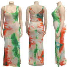 Plus Size Tie Dye Print Pleated Maxi Dress ONY-5028