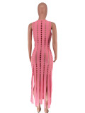 Hollow Out Tassel Sleeveless Midi Dress FYWF-YW0714