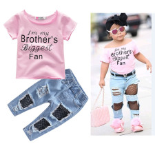 Kids Girl Letter Print T Shirt Jeans 2 Piece Set YKTZ-G06