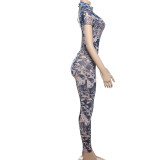Mesh Print Short Sleeve Jumpsuit XEF-K24Q47149