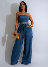 Fashion Denim Wrap Chest Wide Leg Pans Suit FYWF-YW0869