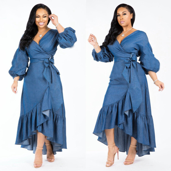 Ruffles Lantern Sleeve V-neck Denim Midi Dress FYWF-DF0617