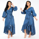Ruffles Lantern Sleeve V-neck Denim Midi Dress FYWF-DF0617