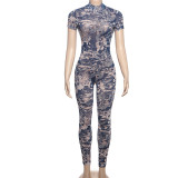 Mesh Print Short Sleeve Jumpsuit XEF-K24Q47149