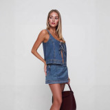 Sleeveless Tie Up Tank Top Skirts Denim Suit GMWF-666888