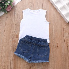 Kids Girl Letter Print Sleeveless Denim Shorts Suit YKTZ-21123