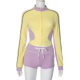 Contrast Color Long Sleeve Two Piece Shorts Set GDSF-K24ST371