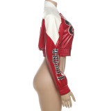 Contrast Color Print PU Leather Coat XEF-K25C80613