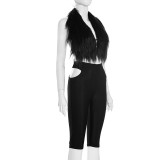 Fur Neck Halterneck Hollow Out Seventh Pant Suit MXBF-J25ST261