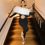 One Shoulder Fur Patchwork Jumpsuit XEF-K25Q80364