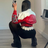 Contrast Color Print PU Leather Coat XEF-K25C80613