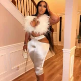 Fur Neck Halterneck Hollow Out Seventh Pant Suit MXBF-J25ST261
