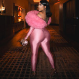 One Shoulder Fur Patchwork Jumpsuit XEF-K25Q80364