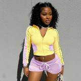 Contrast Color Long Sleeve Two Piece Shorts Set GDSF-K24ST371
