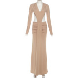 Solid Color V Neck Backless Split Maxi Dress XEF-K25D81127