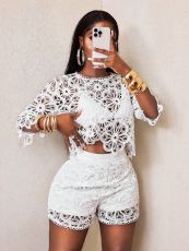 Hollow Out Half Sleeve Two Piece Shorts Set YWXS-K25L878
