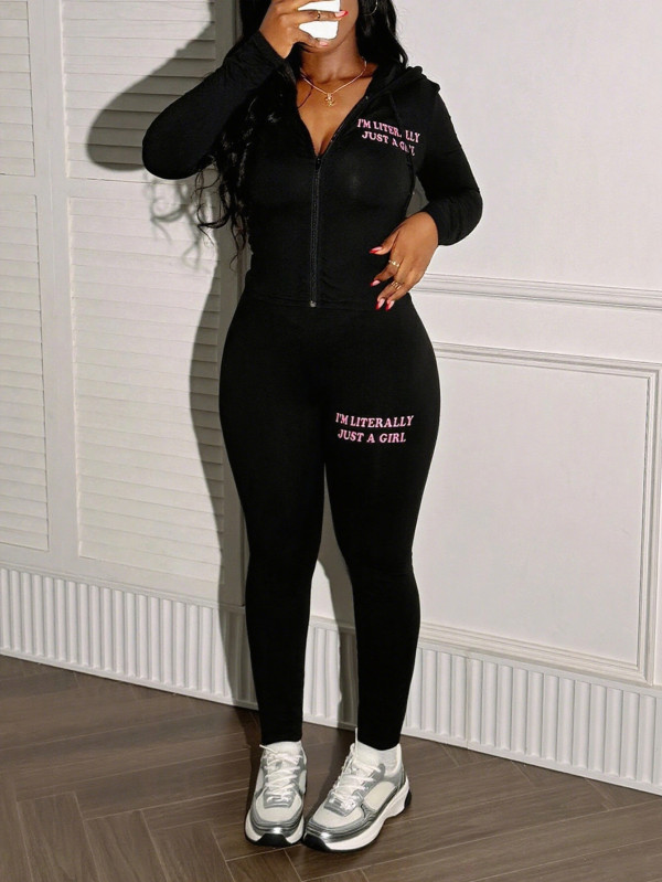 Letter Print Long Sleeve Hooded Pants Suit YWXS-K25L1132