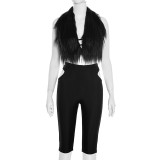 Fur Neck Halterneck Hollow Out Seventh Pant Suit MXBF-J25ST261