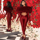 One Shoulder Fur Patchwork Jumpsuit XEF-K25Q80364