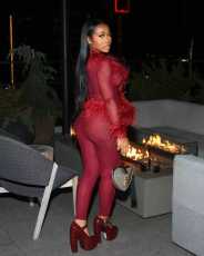 Mesh Patchwork Feather Tassel Pant Suit YD-8833