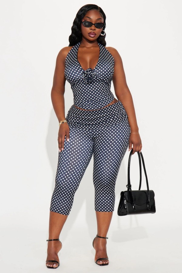 Polka Dots Print Halterneck Vest Pant Suit GXIY-K25L1176