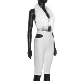 Fur Neck Halterneck Hollow Out Seventh Pant Suit MXBF-J25ST261
