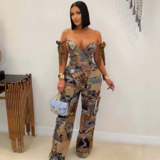 Plus Size Print Tie Up Drawstring Two Piece Pants Suit NY-3296