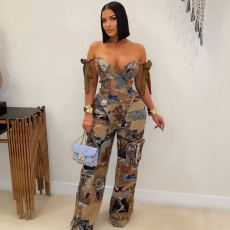 Plus Size Print Tie Up Drawstring Two Piece Pants Suit NY-3296