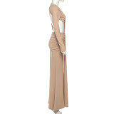 Solid Color V Neck Backless Split Maxi Dress XEF-K25D81127