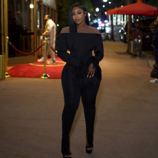 Solid Color Fur Long Sleeve Jumpsuit MXBF-J25JP276