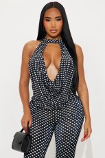 Polka Dots Print Halterneck Two Piece Pants Set YWXS-K25L1110