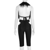 Fur Neck Halterneck Hollow Out Seventh Pant Suit MXBF-J25ST261