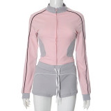 Contrast Color Long Sleeve Two Piece Shorts Set GDSF-K24ST371