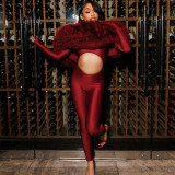 One Shoulder Fur Patchwork Jumpsuit XEF-K25Q80364