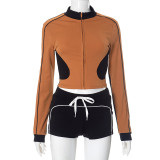 Contrast Color Long Sleeve Two Piece Shorts Set GDSF-K24ST371