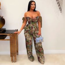 Plus Size Print Tie Up Drawstring Two Piece Pants Suit NY-3296