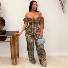 Plus Size Print Tie Up Drawstring Two Piece Pants Suit NY-3296