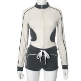 Contrast Color Long Sleeve Two Piece Shorts Set GDSF-K24ST371
