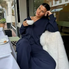 V Neck Long Sleeve Cardigan Loose Pant Suit XEF-K25S79842