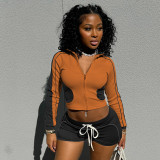 Contrast Color Long Sleeve Two Piece Shorts Set GDSF-K24ST371