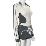 Contrast Color Long Sleeve Two Piece Shorts Set GDSF-K24ST371