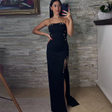 Sexy Solid Color Chain Sling Split Maxi Dress BY-7522